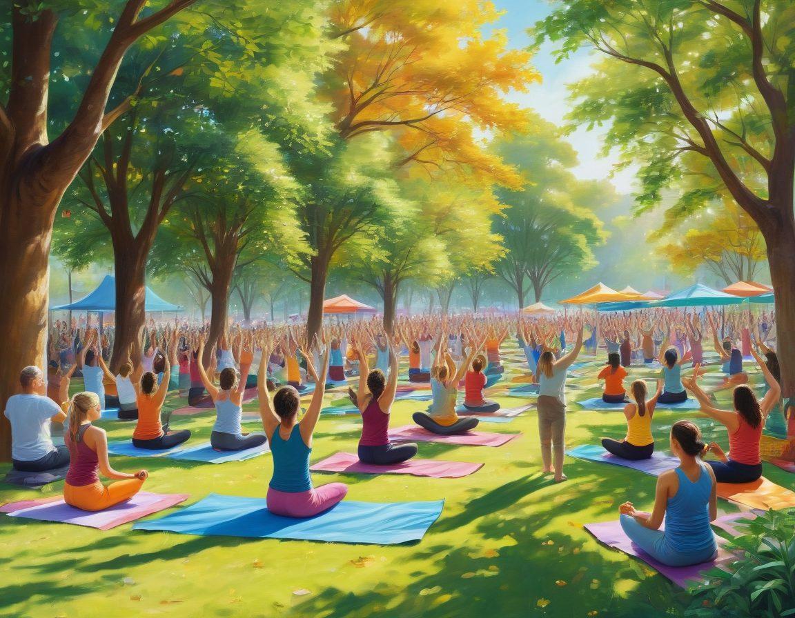A joyful community gathering in a vibrant park, showcasing diverse people engaging in various activities like yoga, art, and sharing food. Visual elements like colorful banners highlighting happiness resources and initiatives. Incorporate bright sunshine, greenery, and smiles for a warm, inviting atmosphere. The scene radiates a sense of connection and well-being. super-realistic. vibrant colors. bright background.
