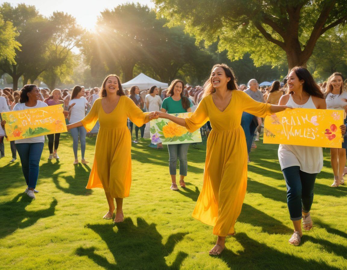 A vibrant community gathering scene in a lush park, featuring diverse individuals engaging in joyful activities like painting, dancing, and sharing laughter. Incorporate elements of community support, such as volunteers helping others, colorful banners promoting mental wellness, and golden sunlight illuminating the scene. Emphasize a sense of connection and positivity among the people. cheerful. super-realistic. vibrant colors.