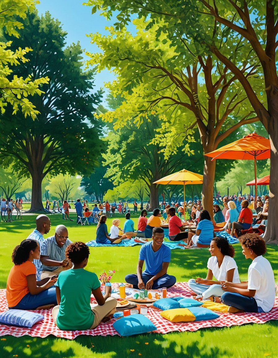 A vibrant community gathering in a sunny park, featuring diverse individuals engaged in various activities like painting, dancing, and sharing food, symbolizing engagement and empowerment. In the background, trees provide shade, and colorful banners reflecting happiness adorn the scene. Bright smiles and lively interactions create a warm atmosphere of contentment. super-realistic. vibrant colors. outdoor setting.